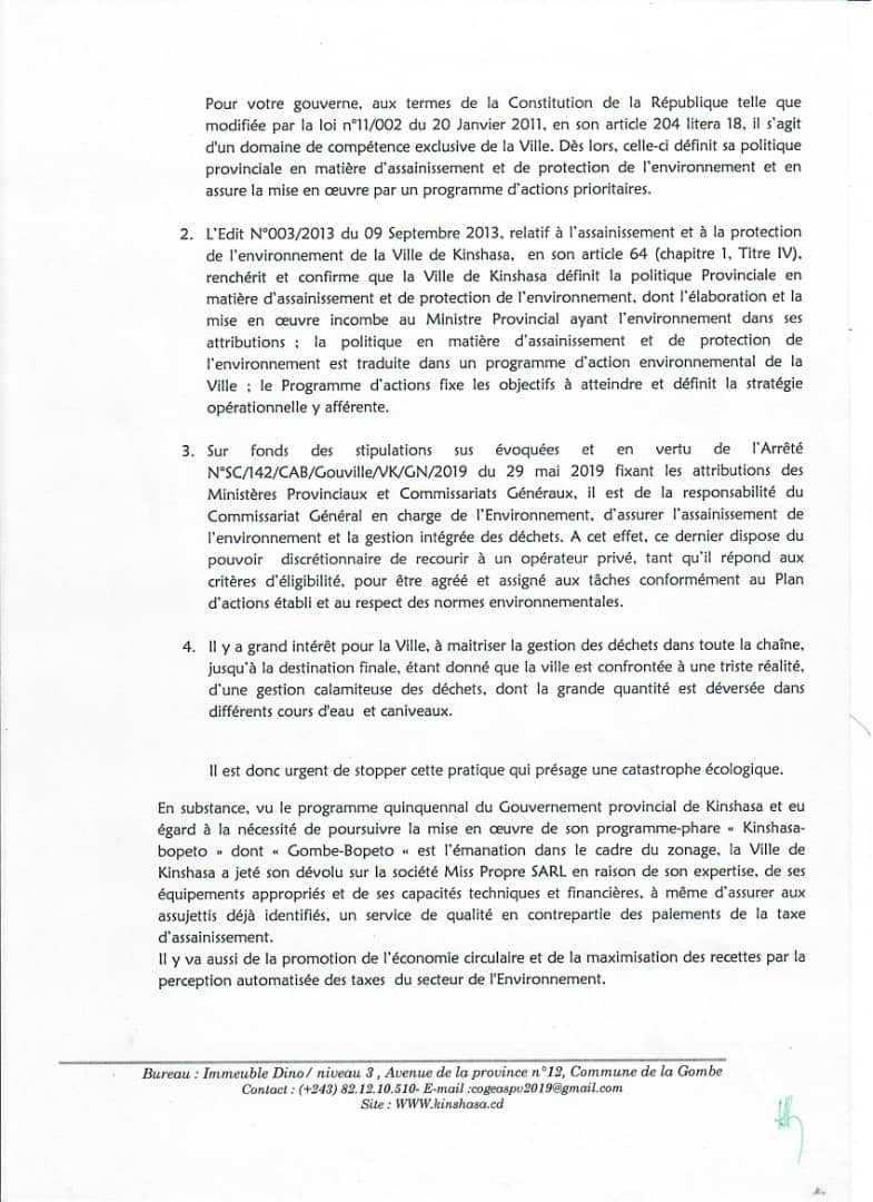 A MONSIEUR L'ADMINISTRATEUR DELEGUE DE LA FEDERATION DES ENTREPRISES DU CONGO , FEC/RDC à KINSHASA /GOMBE