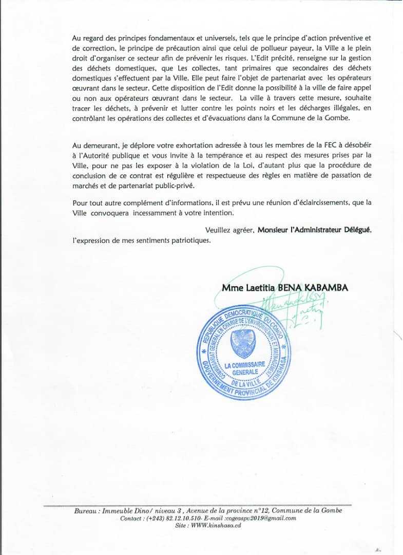 A MONSIEUR L'ADMINISTRATEUR DELEGUE DE LA FEDERATION DES ENTREPRISES DU CONGO , FEC/RDC à KINSHASA /GOMBE